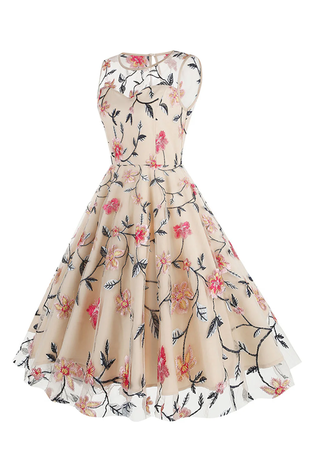 Morelowa Elegancka Kwiatowa Haftowana Sukienka Midi Bez Rękawów W Stylu Vintage - Image 3