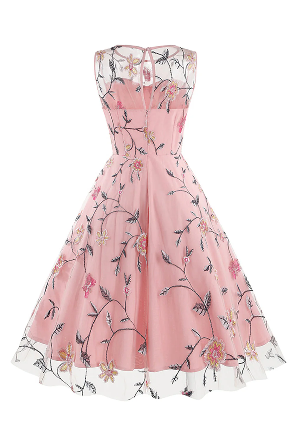 Morelowa Elegancka Kwiatowa Haftowana Sukienka Midi Bez Rękawów W Stylu Vintage - Image 6