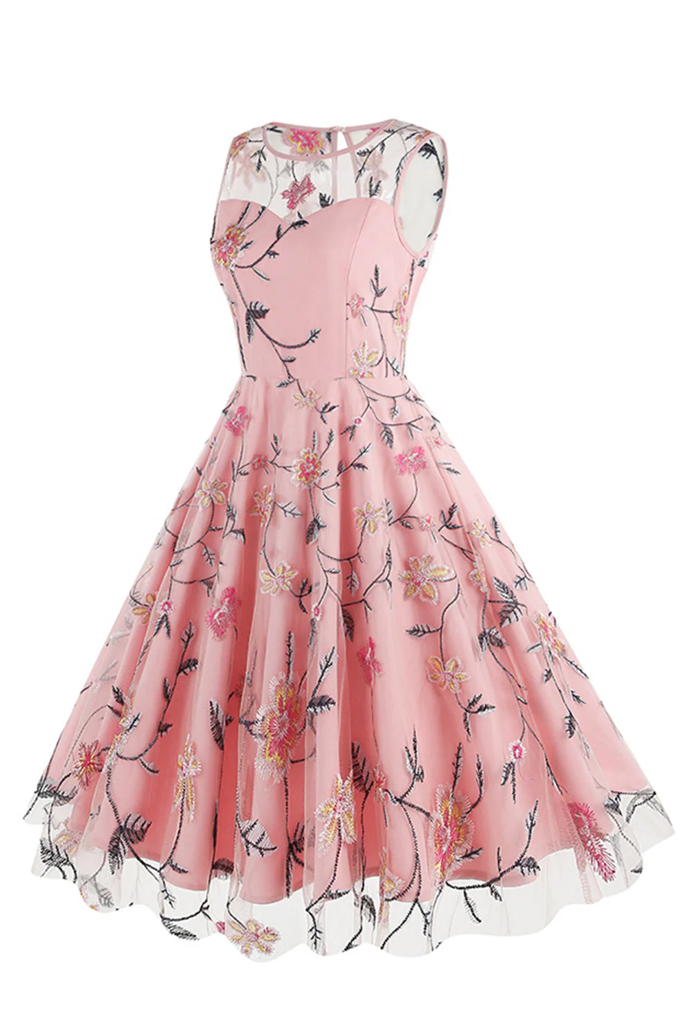 Morelowa Elegancka Kwiatowa Haftowana Sukienka Midi Bez Rękawów W Stylu Vintage - Image 7