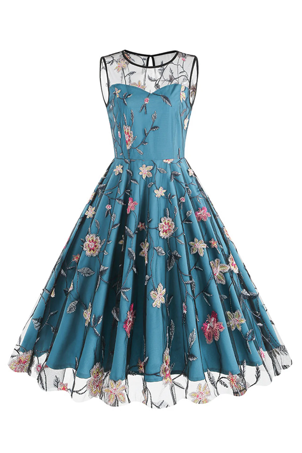 Morelowa Elegancka Kwiatowa Haftowana Sukienka Midi Bez Rękawów W Stylu Vintage - Image 9