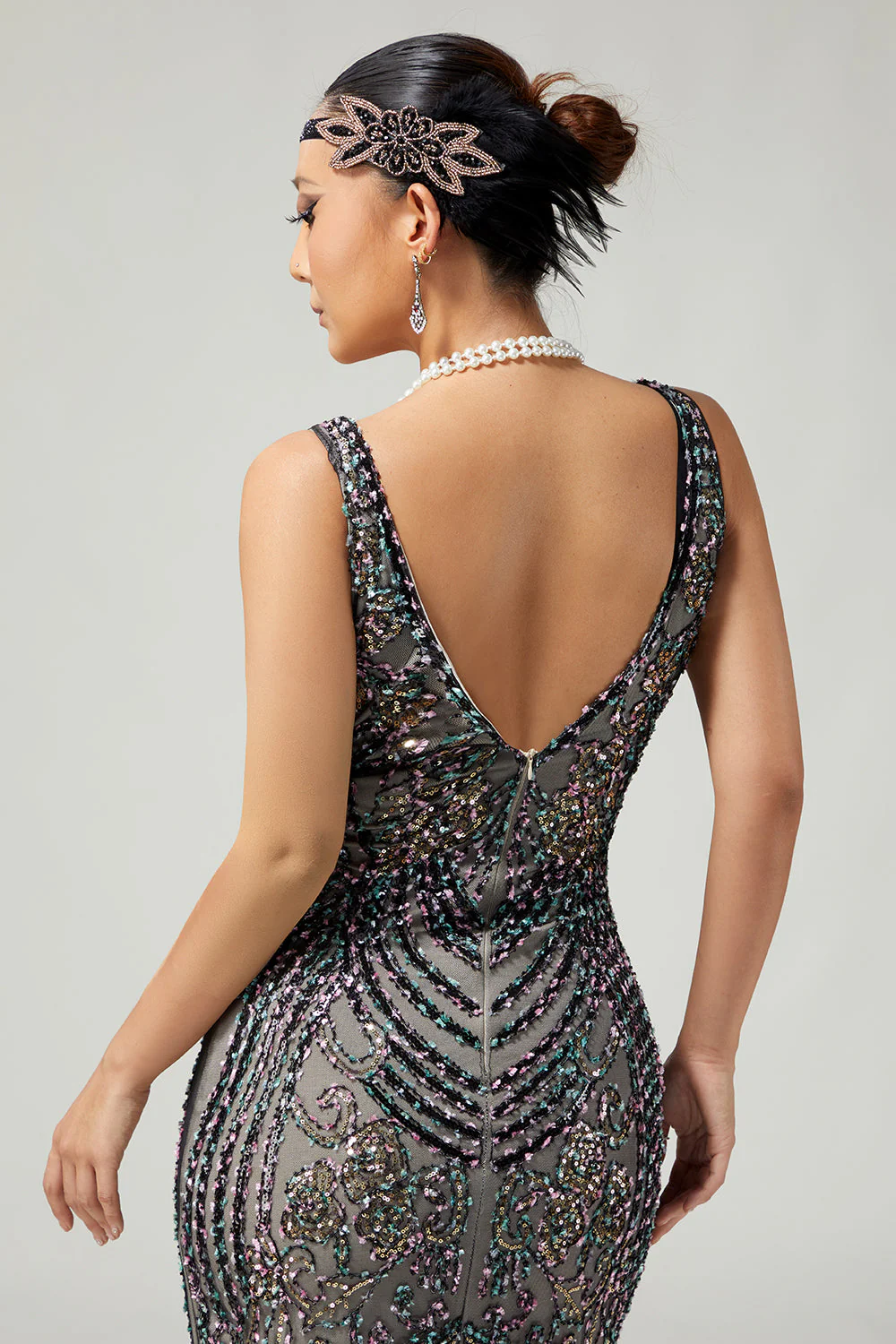 morelowa sukienka bodycon z frędzlami z 1920 roku z cekinami - Image 5