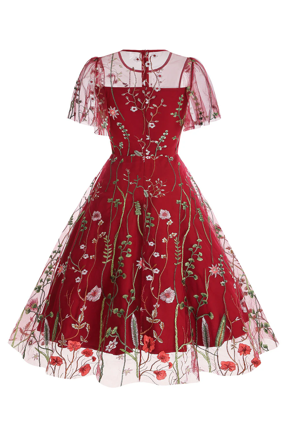 Morelowa Tiulowa Sukienka Z Nadrukiem A Line 1950 Z Krótkimi Rękawami - Image 21