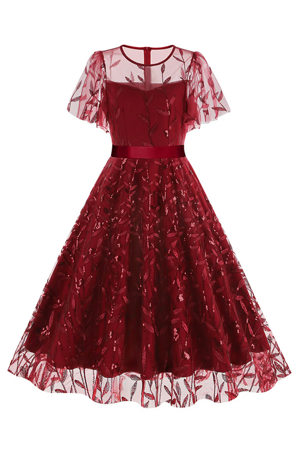 Morelowy Z Cekinami Liść Haftowana Siatkowa Nakładka Elegancka Sukienka W Stylu Vintage - Image 10