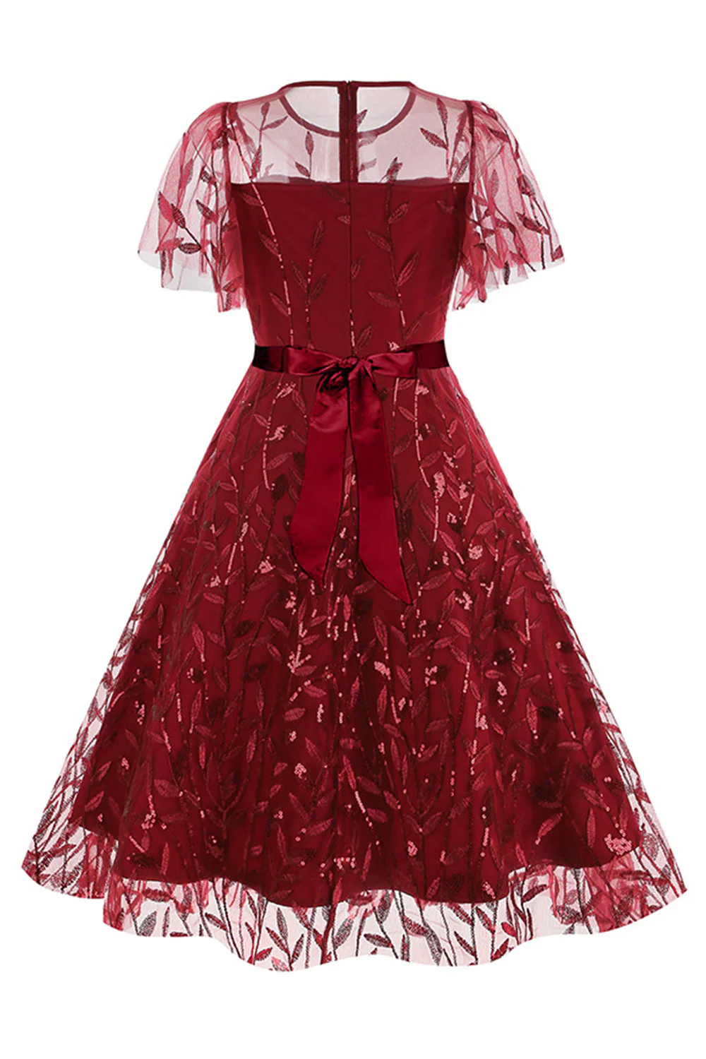 Morelowy Z Cekinami Liść Haftowana Siatkowa Nakładka Elegancka Sukienka W Stylu Vintage - Image 11