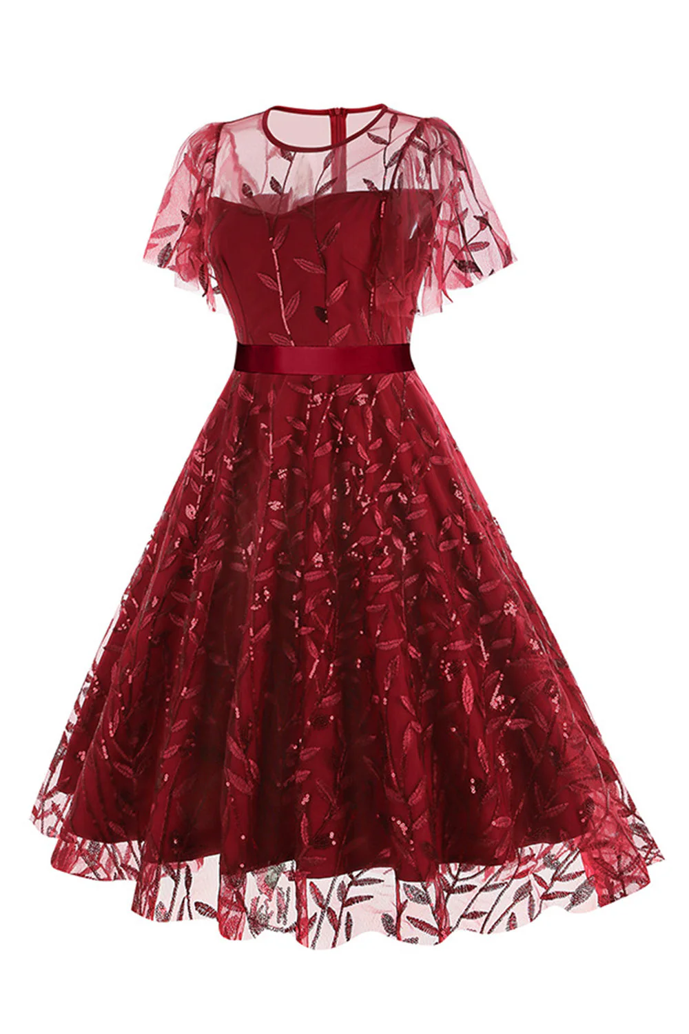 Morelowy Z Cekinami Liść Haftowana Siatkowa Nakładka Elegancka Sukienka W Stylu Vintage - Image 12