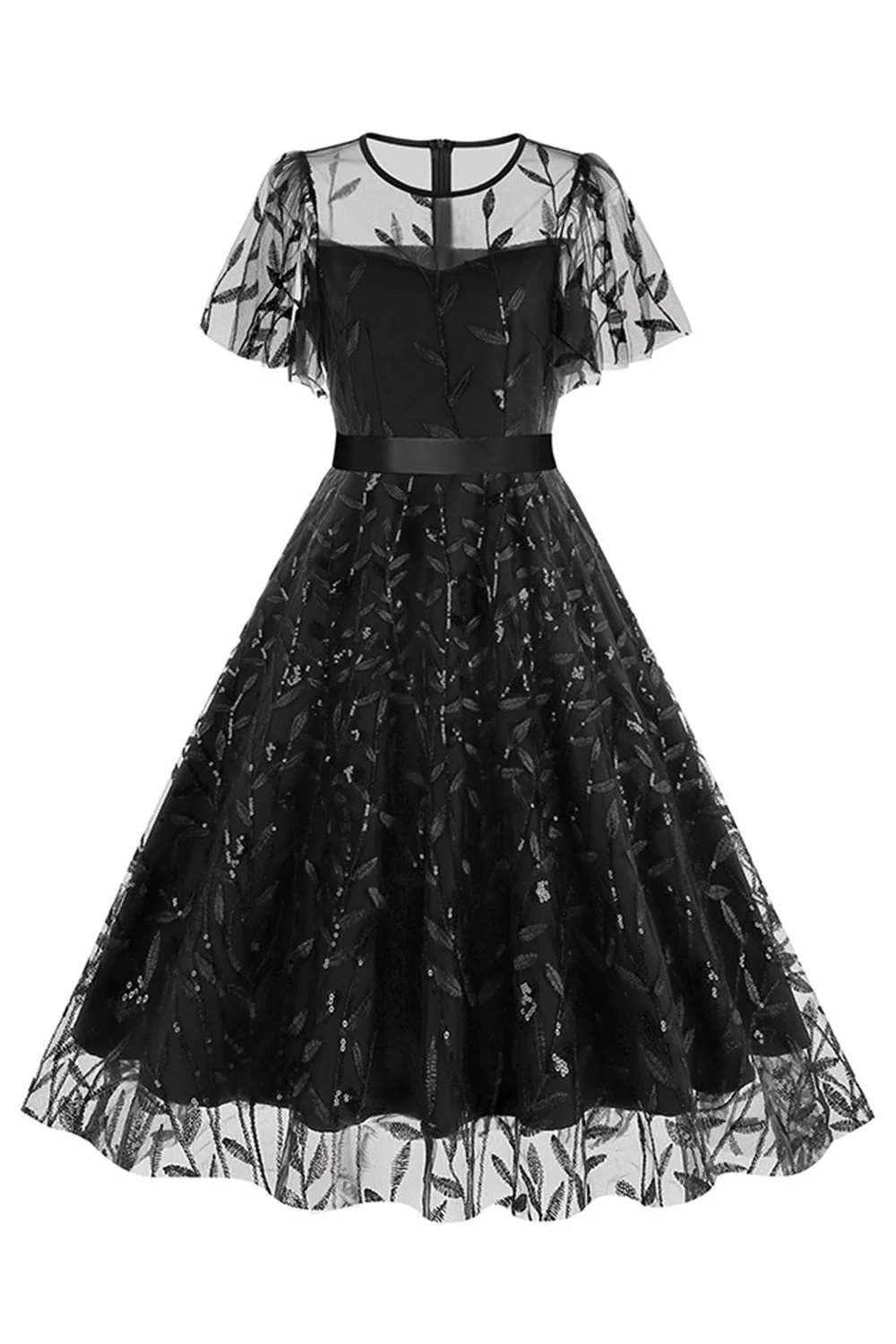 Morelowy Z Cekinami Liść Haftowana Siatkowa Nakładka Elegancka Sukienka W Stylu Vintage - Image 6