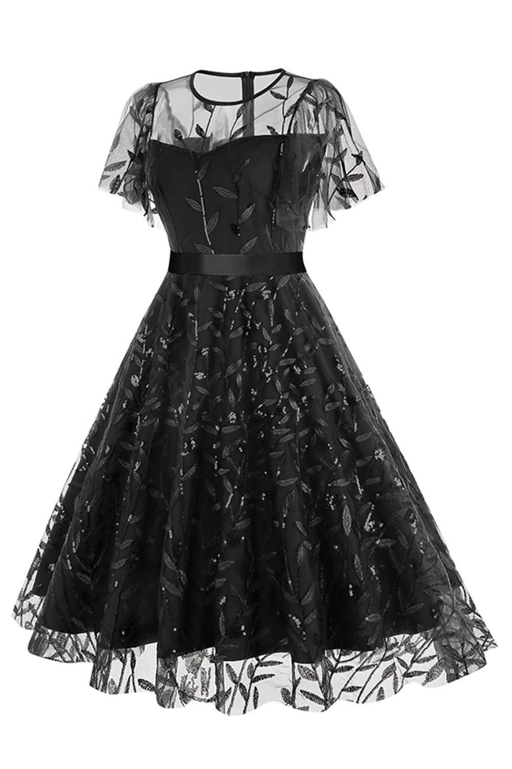 Morelowy Z Cekinami Liść Haftowana Siatkowa Nakładka Elegancka Sukienka W Stylu Vintage - Image 8