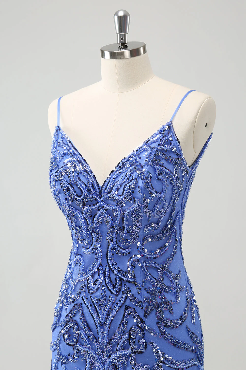 Niebieska Backless Spaghetti Ramiączka Ciasna Sukienka Na Powrót Do Domu Z Cekinami - Image 10