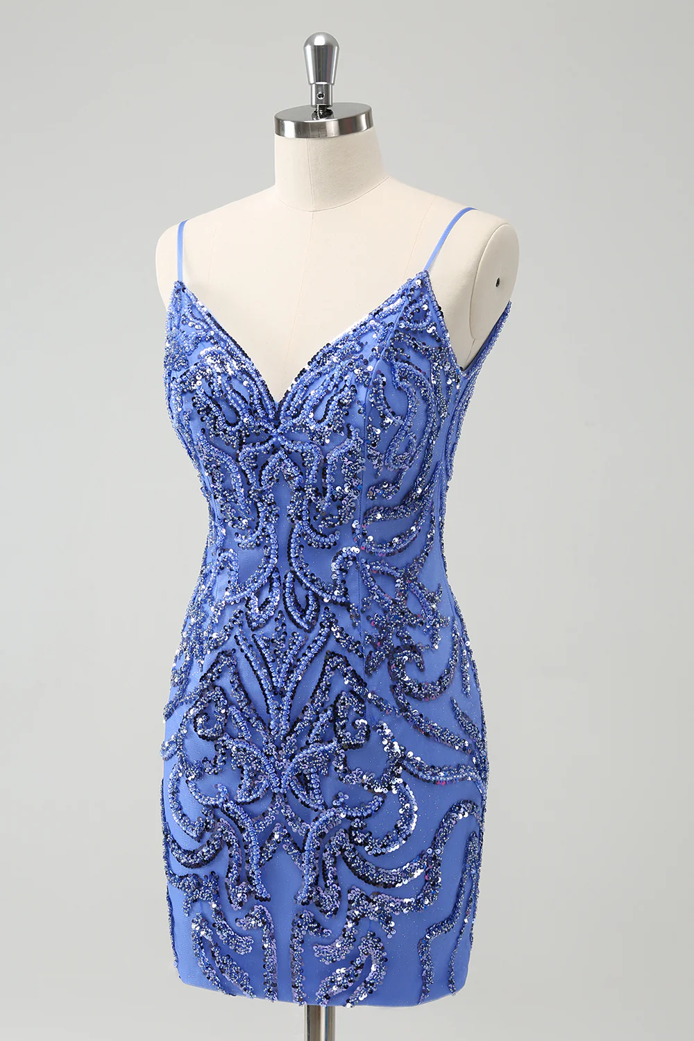 Niebieska Backless Spaghetti Ramiączka Ciasna Sukienka Na Powrót Do Domu Z Cekinami - Image 3