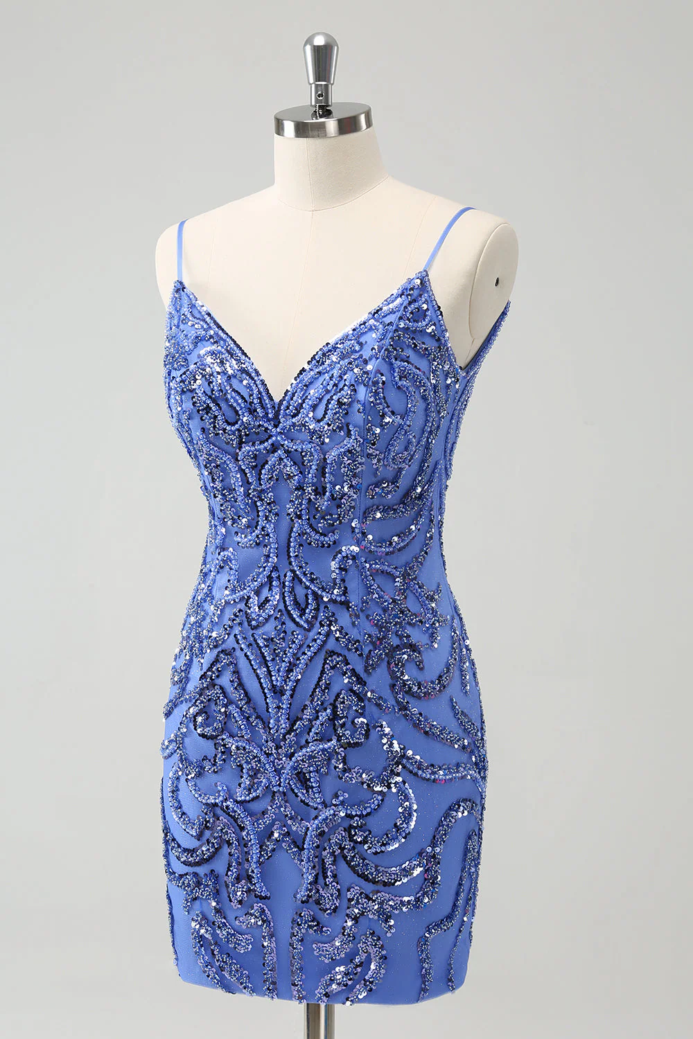 Niebieska Backless Spaghetti Ramiączka Ciasna Sukienka Na Powrót Do Domu Z Cekinami - Image 4