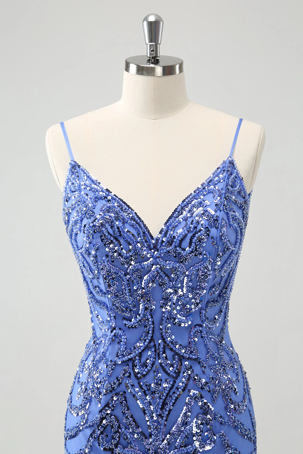 Niebieska Backless Spaghetti Ramiączka Ciasna Sukienka Na Powrót Do Domu Z Cekinami - Image 6