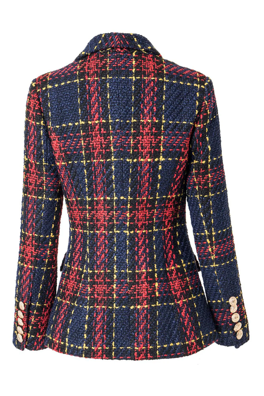 Niebieska Czerwona Slim Retro Klapa Plaid Kobiety Marynarka - Image 2