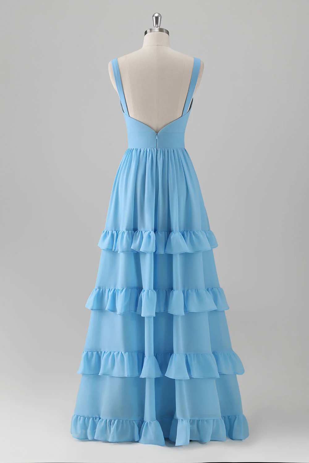 Niebieska Linia A Dekolt W Szpic Warstwowa Szyfonowa Długa Sukienka Dla Swiadkowej - Image 2