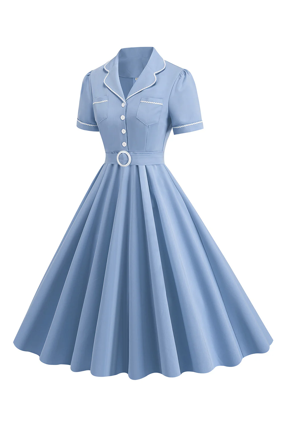 Niebieska Linia A Lapel Vintage 1950 Sukienka Z Guzikami - Image 3