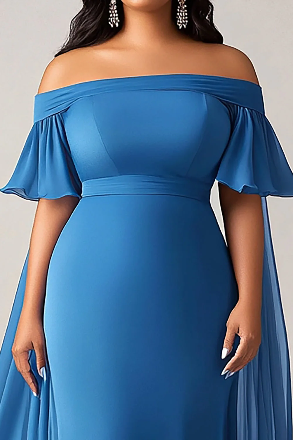 Niebieski Odkrytymi Ramionami Szyfon Plus Size Długa Sukienki Na Wesele - Image 2