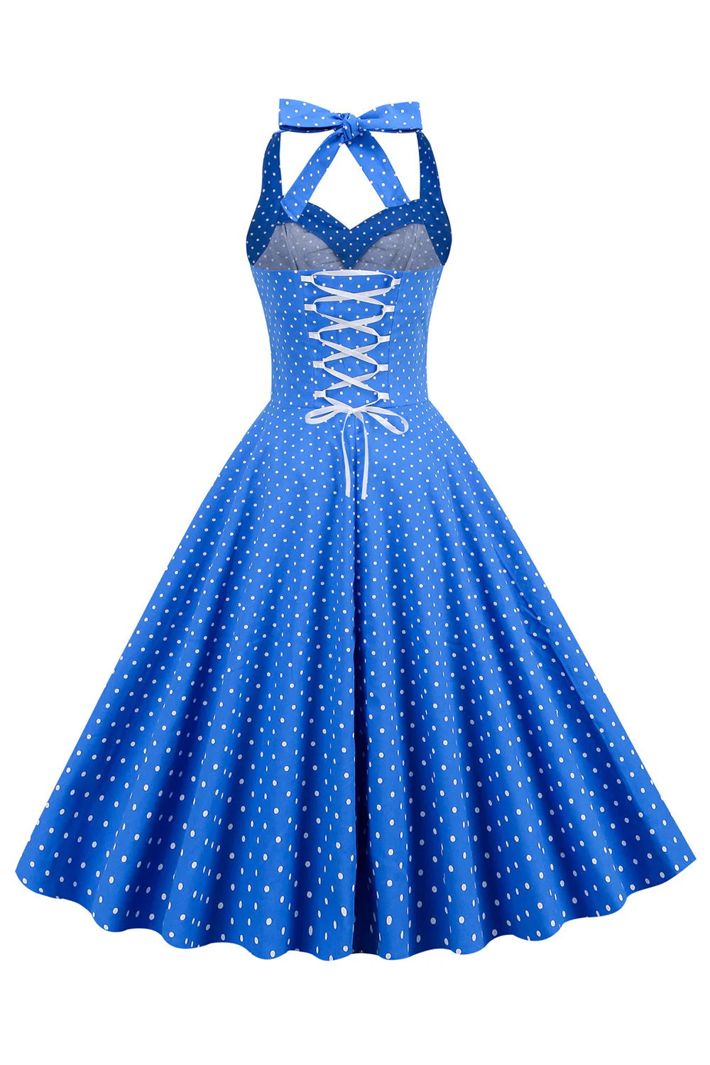 Niebieska Sukienka Pin Up Lata 50 w Groszki - Image 2