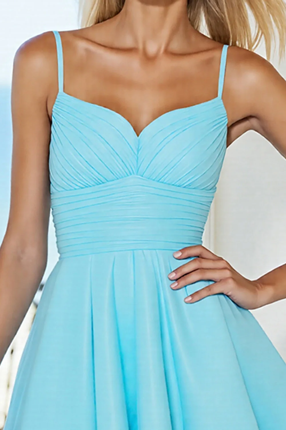 Niebieska sukienka z ruched Homecoming Dress z kokardą - Image 3