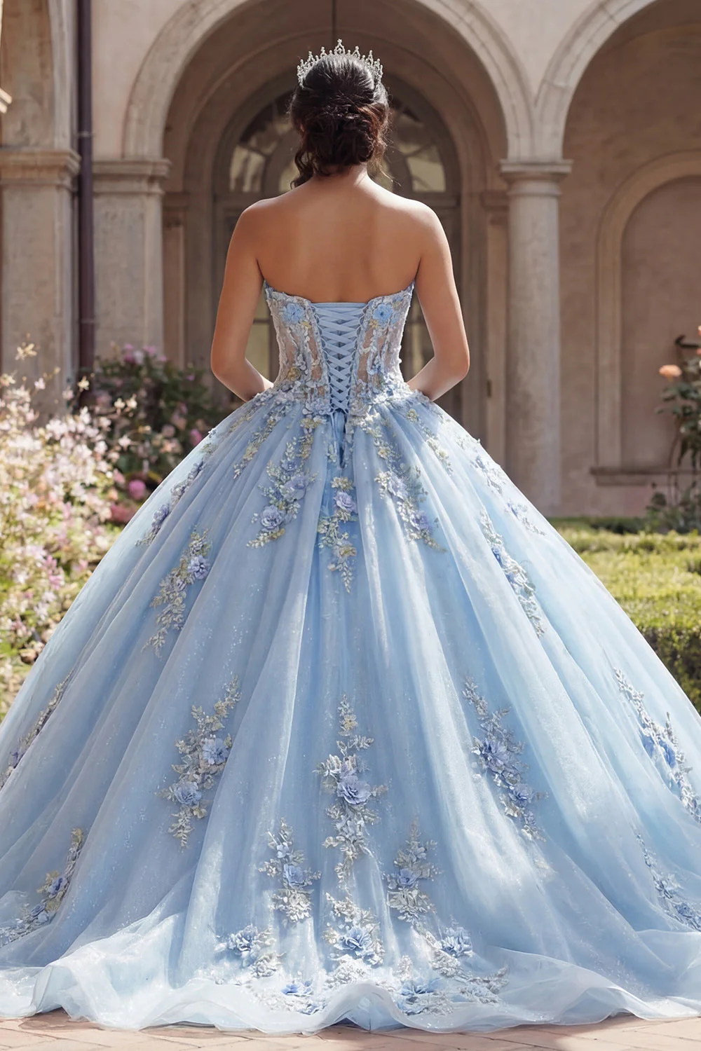 Niebieska suknia balowa bez ramiączek z aplikacjami na korset, sukienka Quinceanera - Image 2