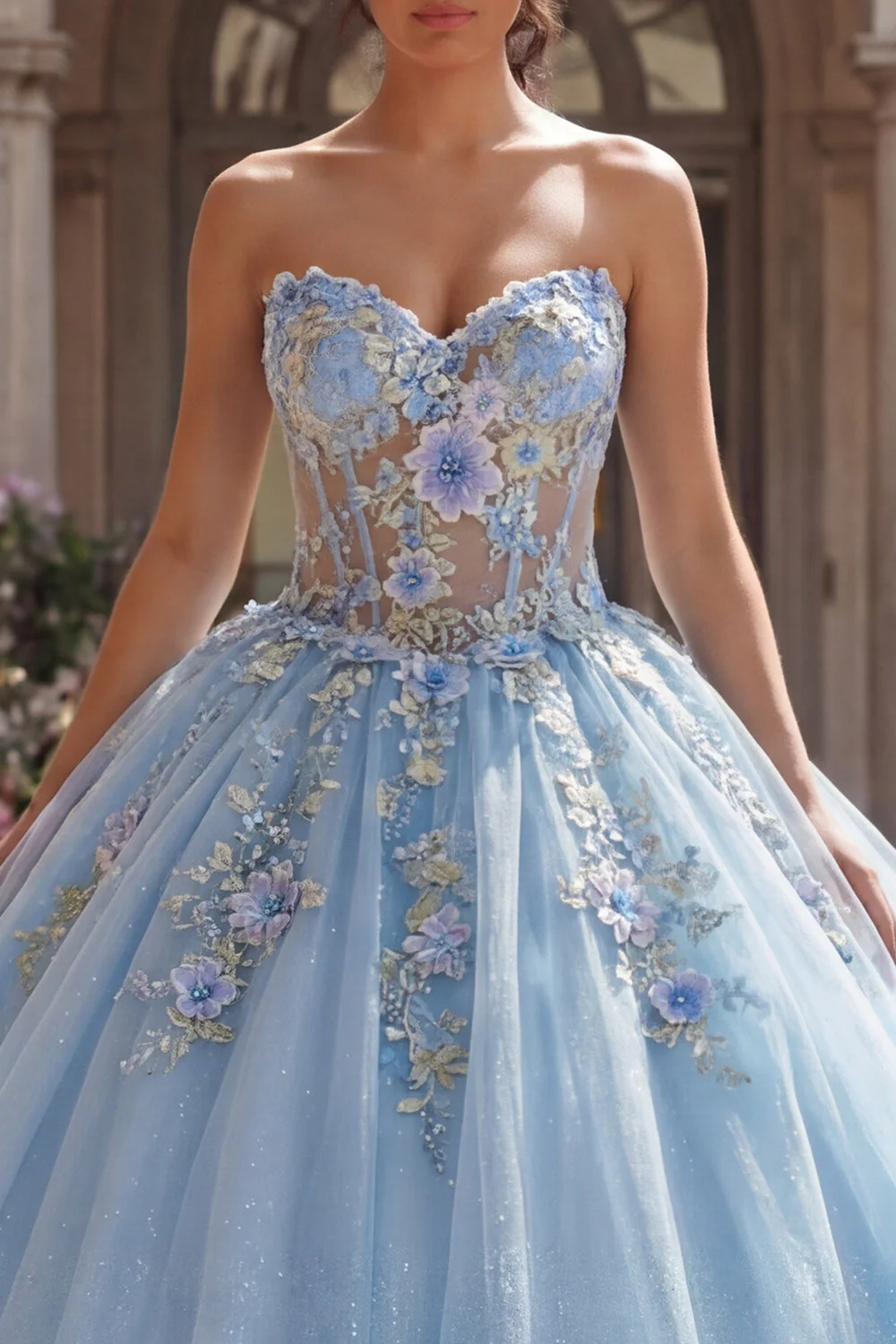 Niebieska suknia balowa bez ramiączek z aplikacjami na korset, sukienka Quinceanera - Image 3