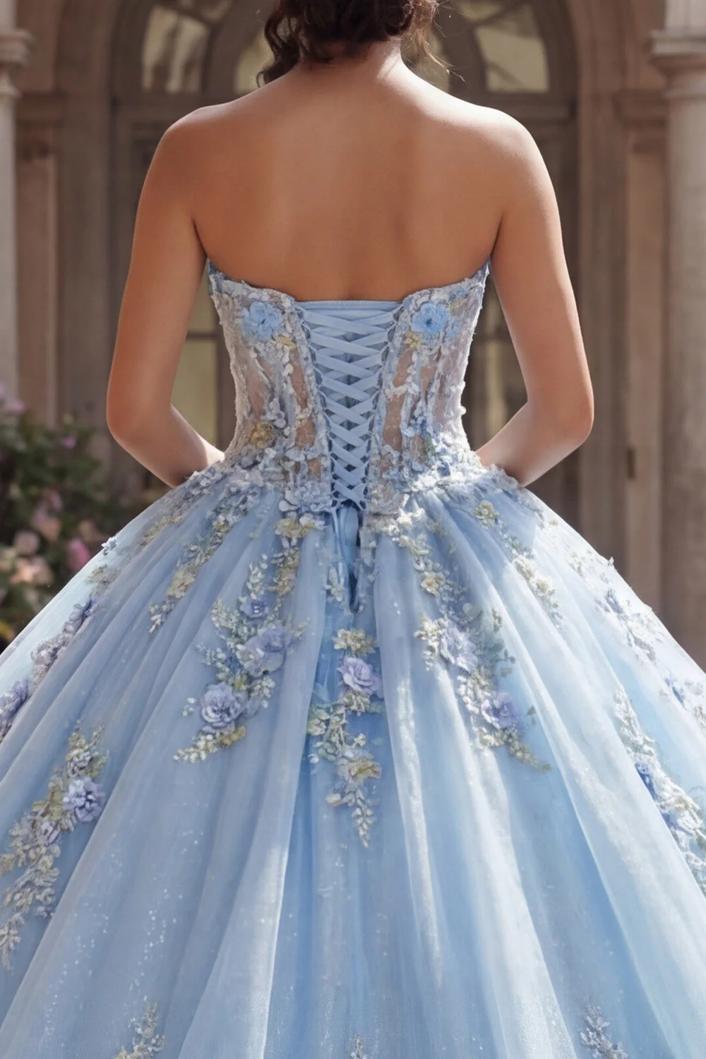 Niebieska suknia balowa bez ramiączek z aplikacjami na korset, sukienka Quinceanera - Image 4