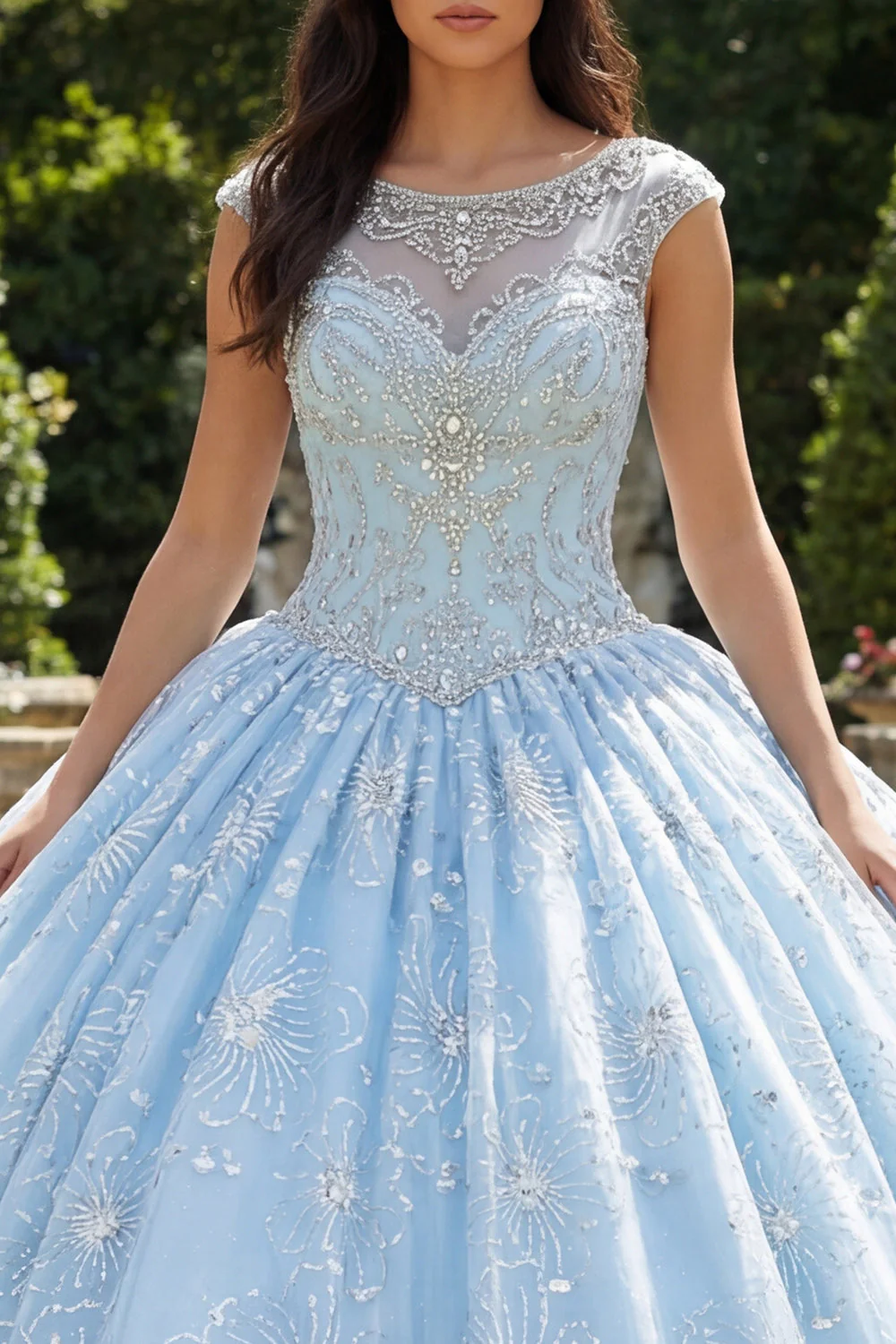 Niebieska suknia balowa z koralikami – iluzja i dekolt z Quinceañera - Image 3