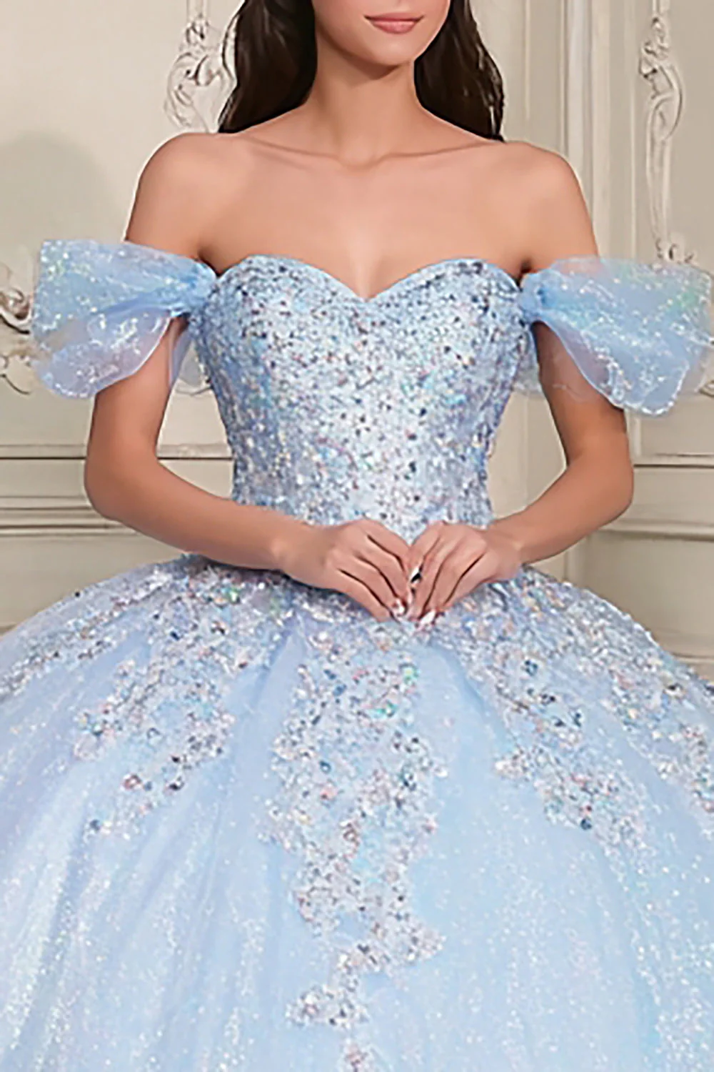 Niebieska suknia balowa z odsłoniętymi ramionami – sukienka z aplikacji z Quinceañera - Image 2