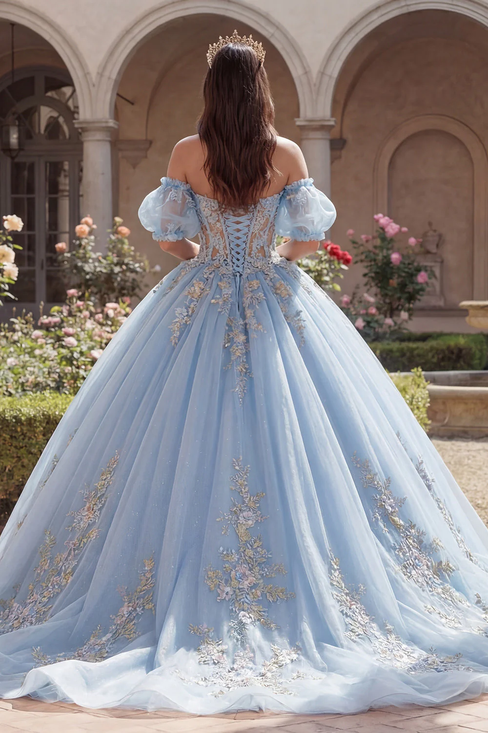 Niebieska suknia balowa z opuszczonymi ramionami, aplikowana z gorsetem z sukienią Quinceanera z puszystymi rękawami - Image 2