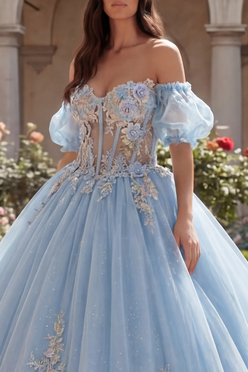 Niebieska suknia balowa z opuszczonymi ramionami, aplikowana z gorsetem z sukienią Quinceanera z puszystymi rękawami - Image 3