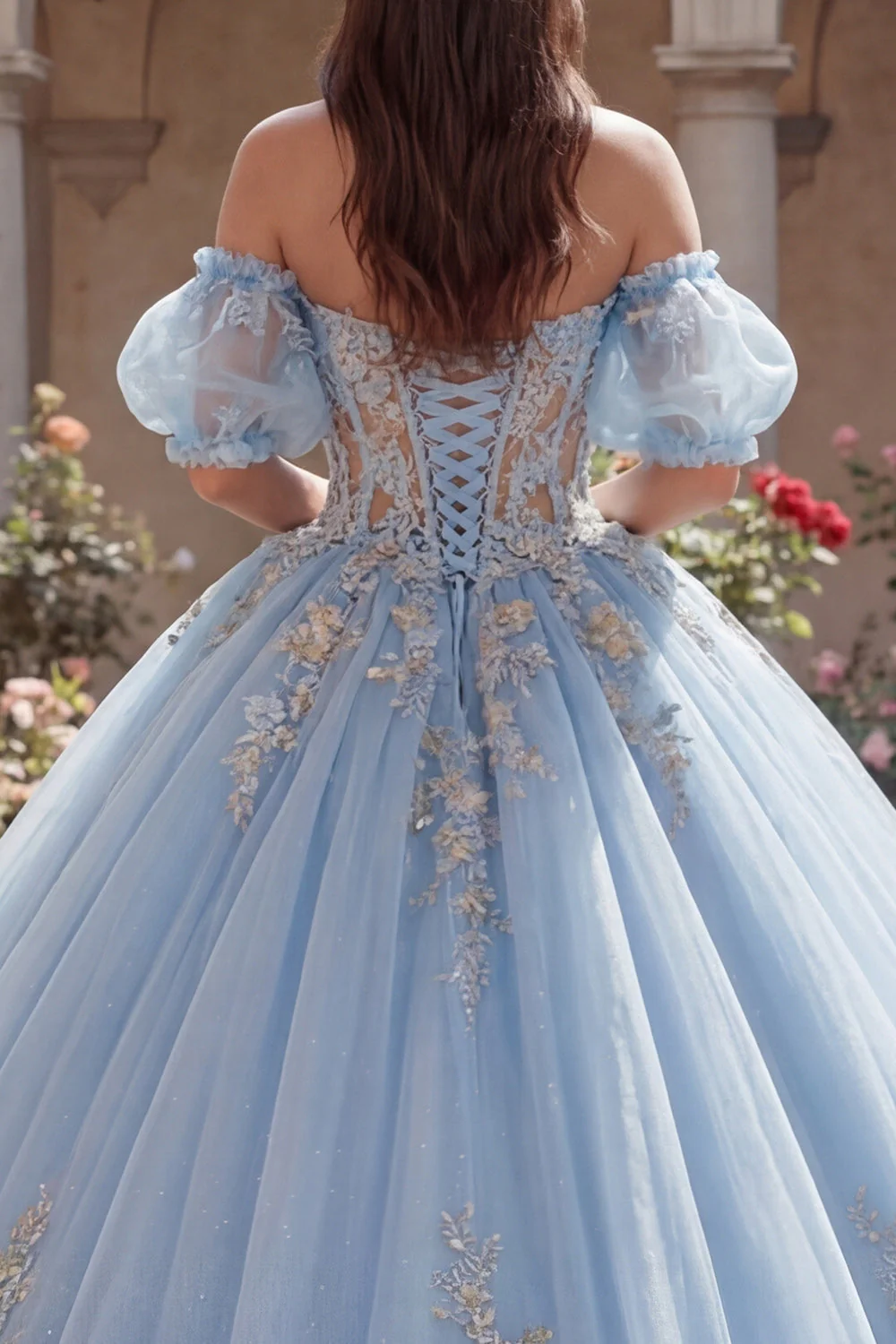 Niebieska suknia balowa z opuszczonymi ramionami, aplikowana z gorsetem z sukienią Quinceanera z puszystymi rękawami - Image 4