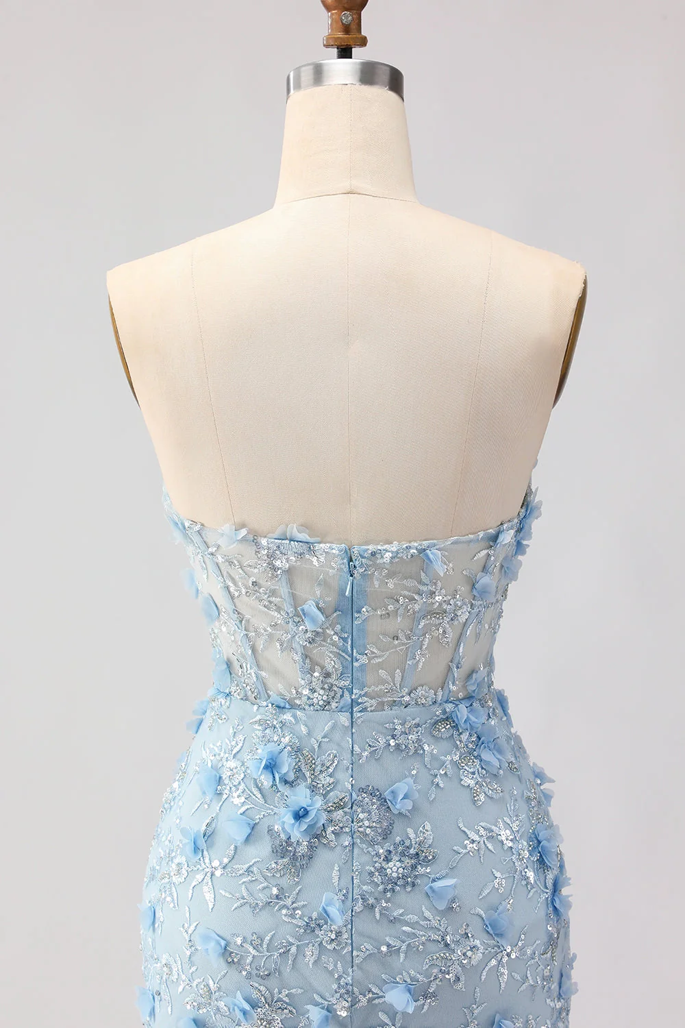 Niebieska syrena bez ramiączek – 3D kwiaty – długa cekinowa sukienka na studniówkę z rozcięciem - Image 7
