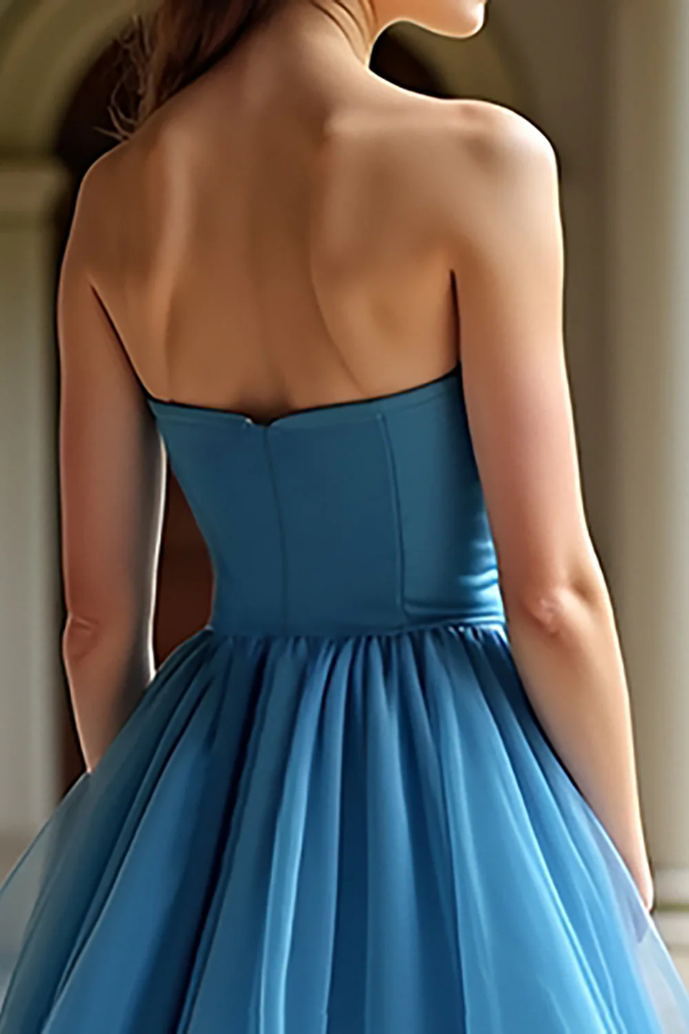Niebieski Dekolt W Kształcie Serca Tiulowe Księżniczkowa Sukienka Na Studniówkę z Falbankami - Image 4
