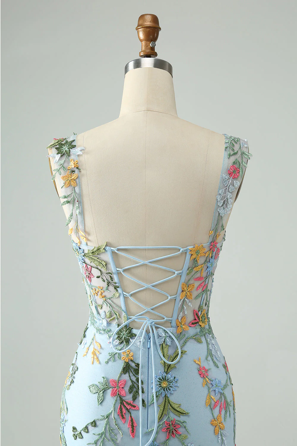 Niebieski Kwiat Gorsetowa Cienkich Ramiączkach Sukienki Koktajlowe z Haftem - Image 7
