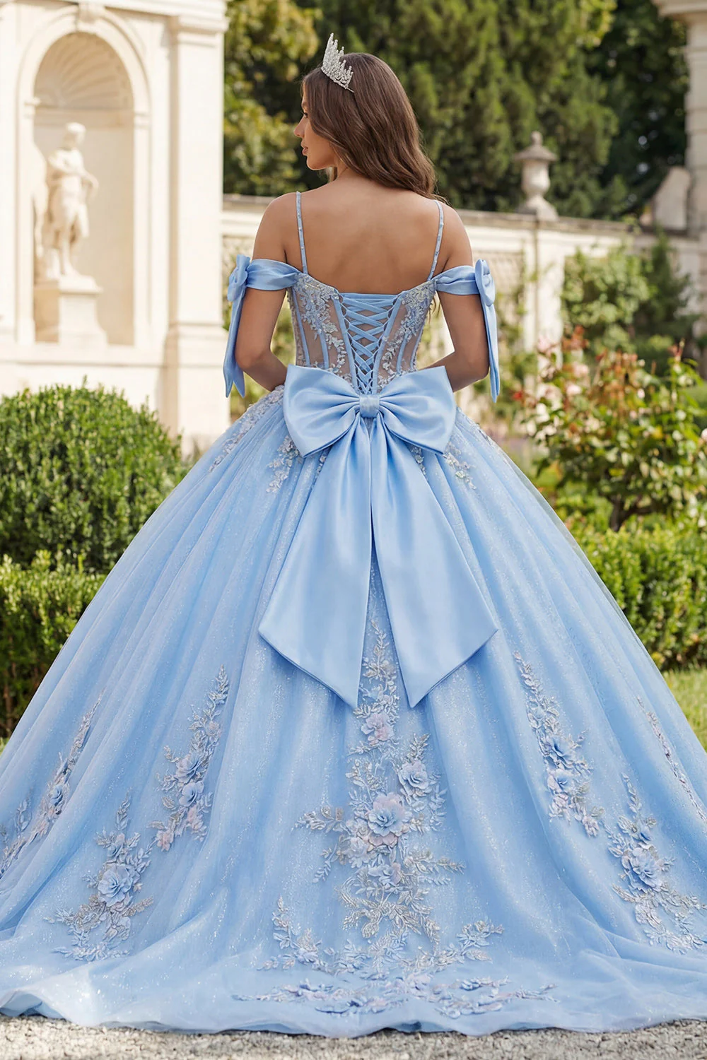 Niebieski suknia balowa z aplikacjami na białe ramiona z korsetem Quinceanera - Image 2