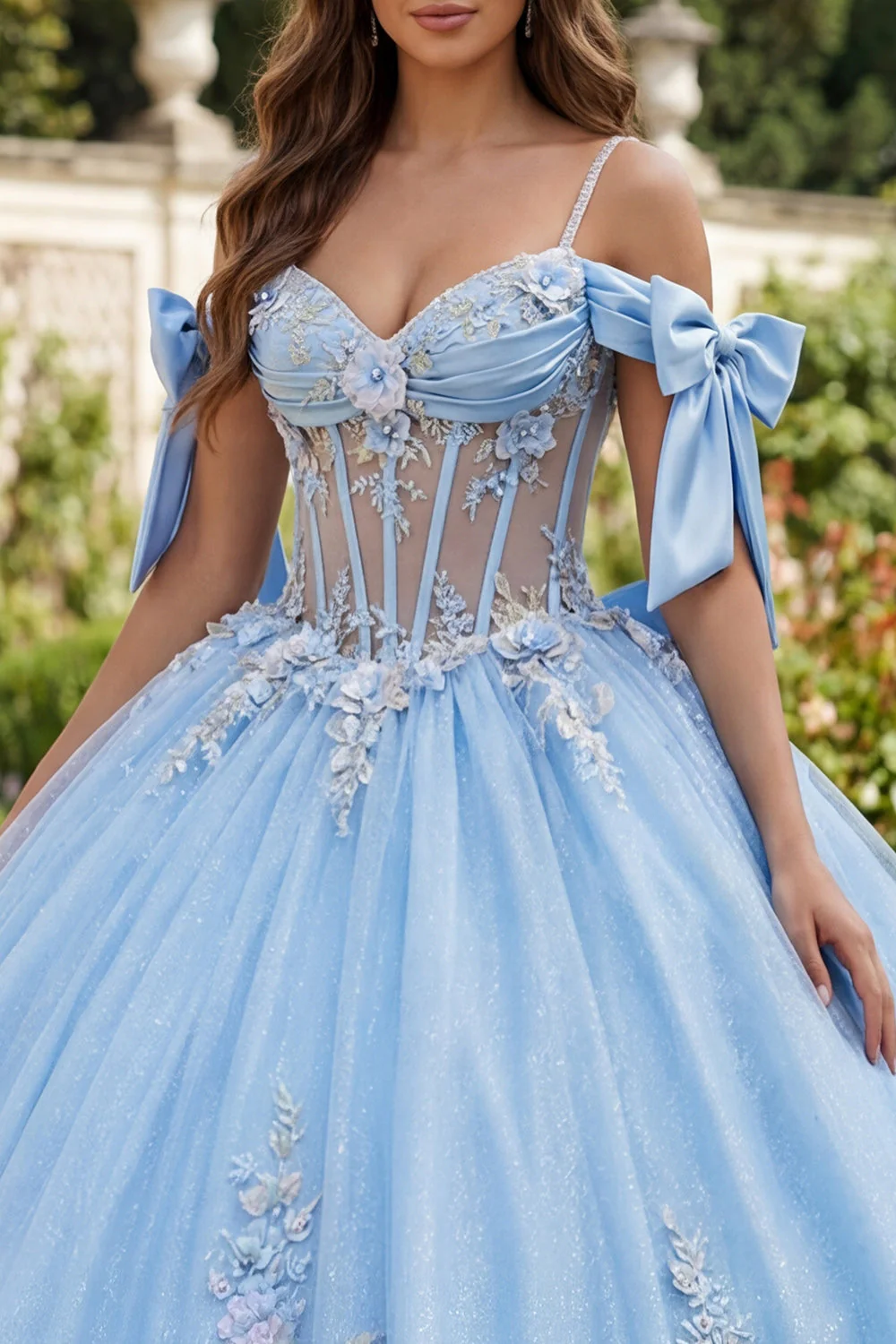 Niebieski suknia balowa z aplikacjami na białe ramiona z korsetem Quinceanera - Image 3
