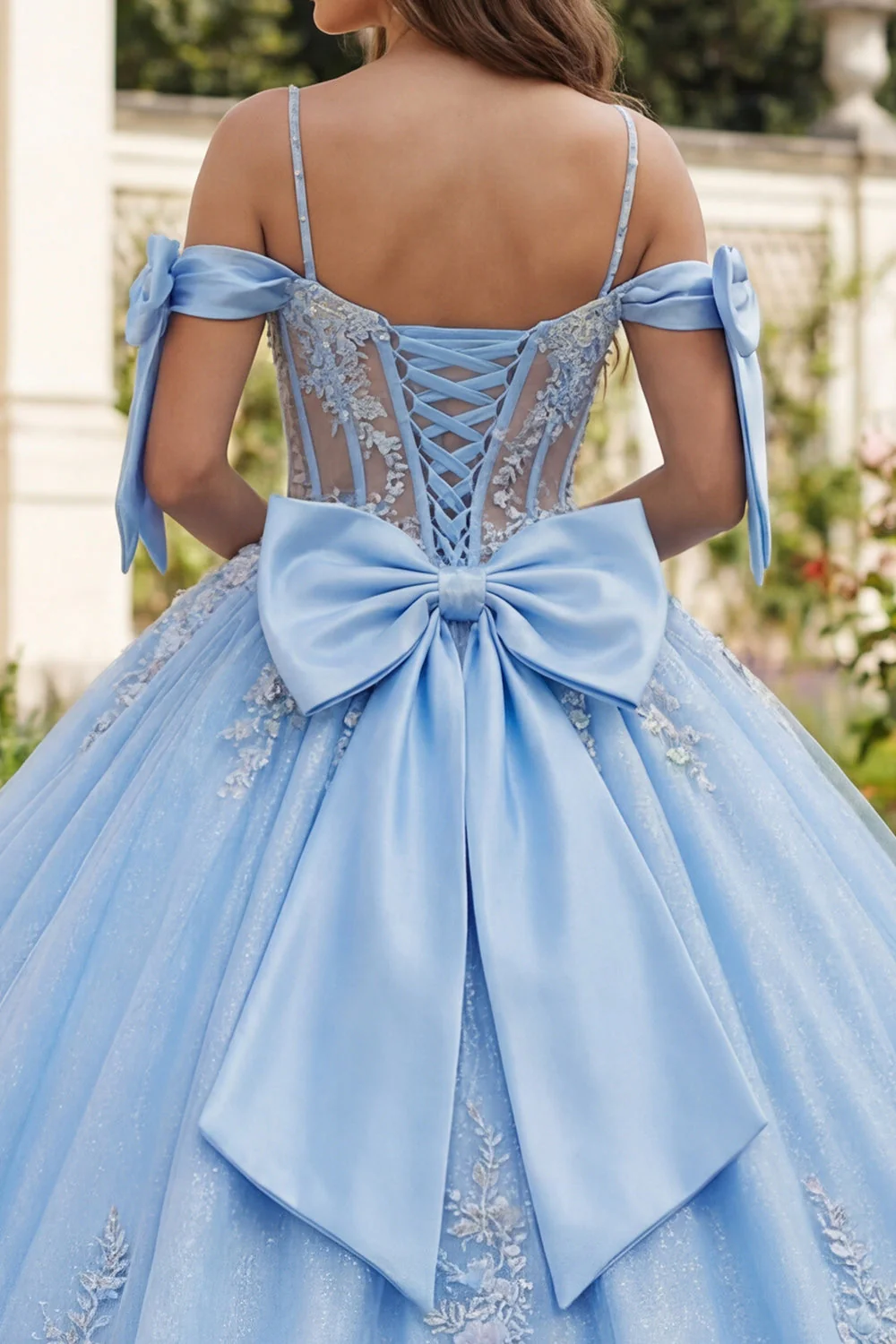 Niebieski suknia balowa z aplikacjami na białe ramiona z korsetem Quinceanera - Image 4