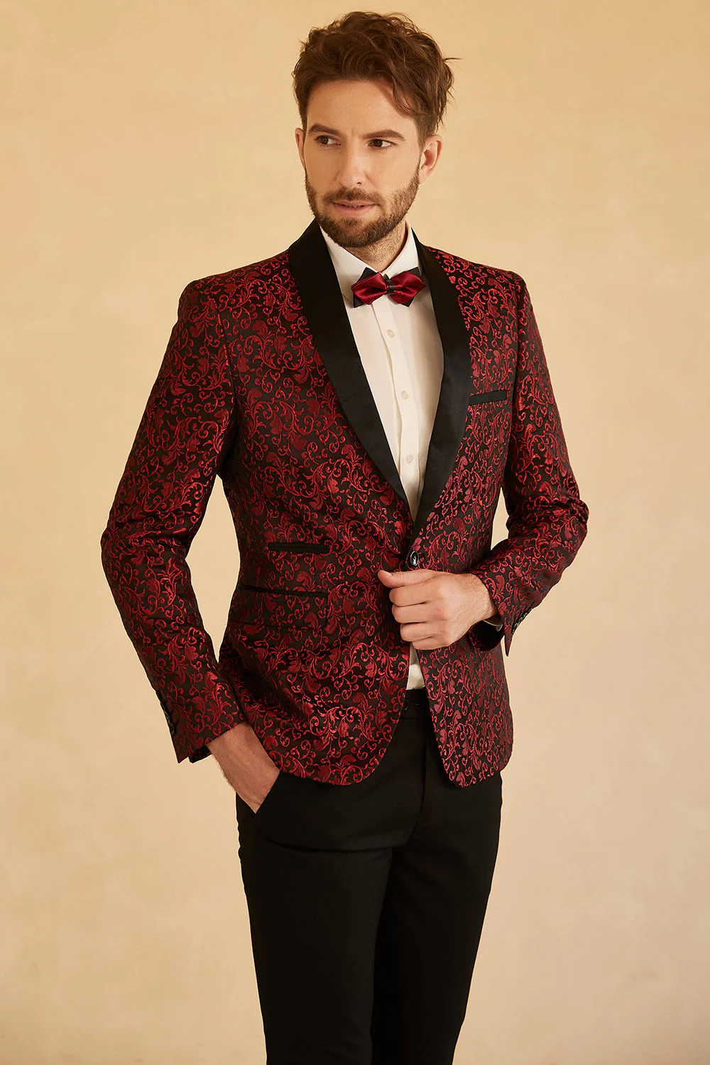 Niebieski Szal Lapel Żakardowy Marynarka Męska Na Studniówkę - Image 5