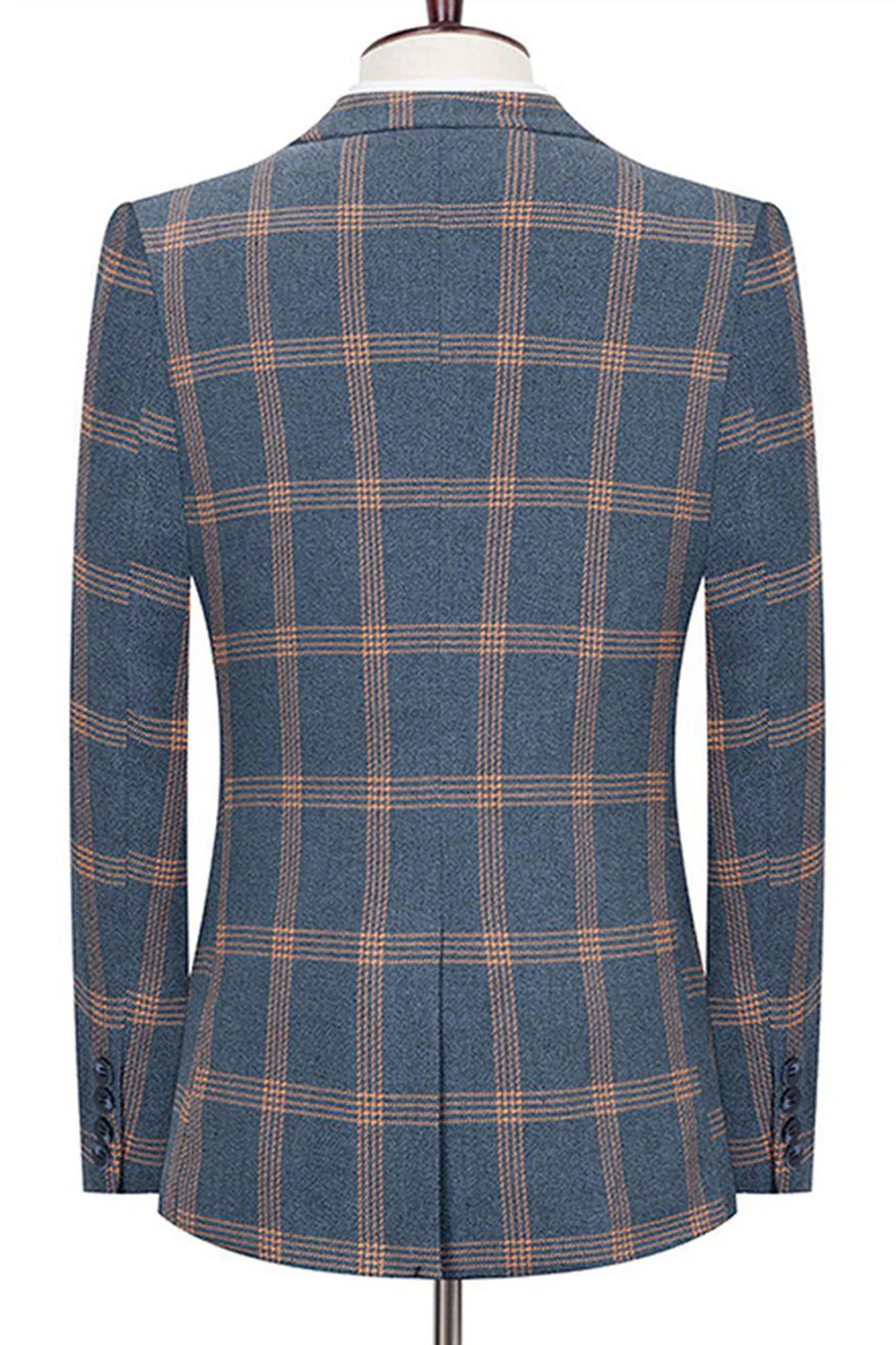 Niebieskie męskie garnitury w kratę z klapami z wycięciem slim fit - Image 2