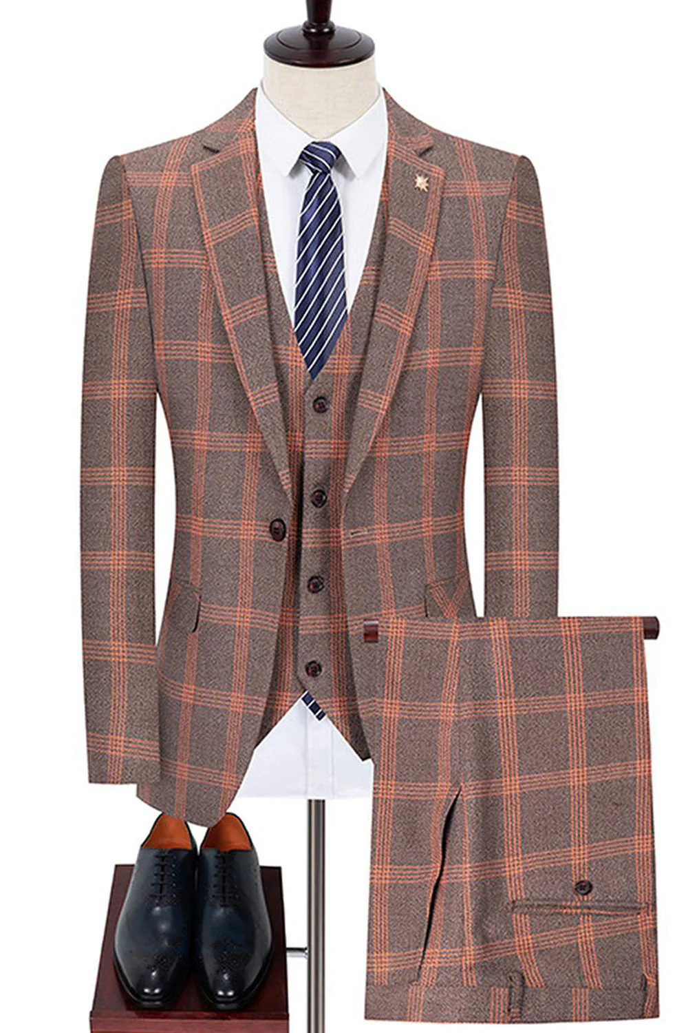 Niebieskie męskie garnitury w kratę z klapami z wycięciem slim fit - Image 3