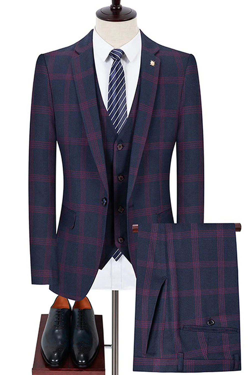 Niebieskie męskie garnitury w kratę z klapami z wycięciem slim fit - Image 5