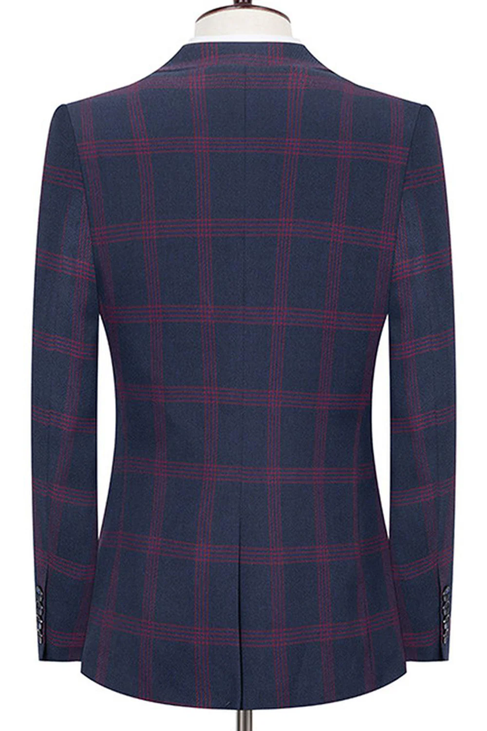 Niebieskie męskie garnitury w kratę z klapami z wycięciem slim fit - Image 6