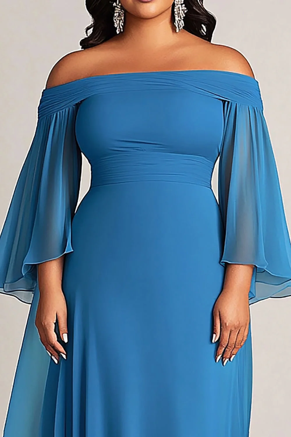 Niebieski Plus Size Szyfon Długa Sukienka Na Wesele z Długie Rękawy - Image 2