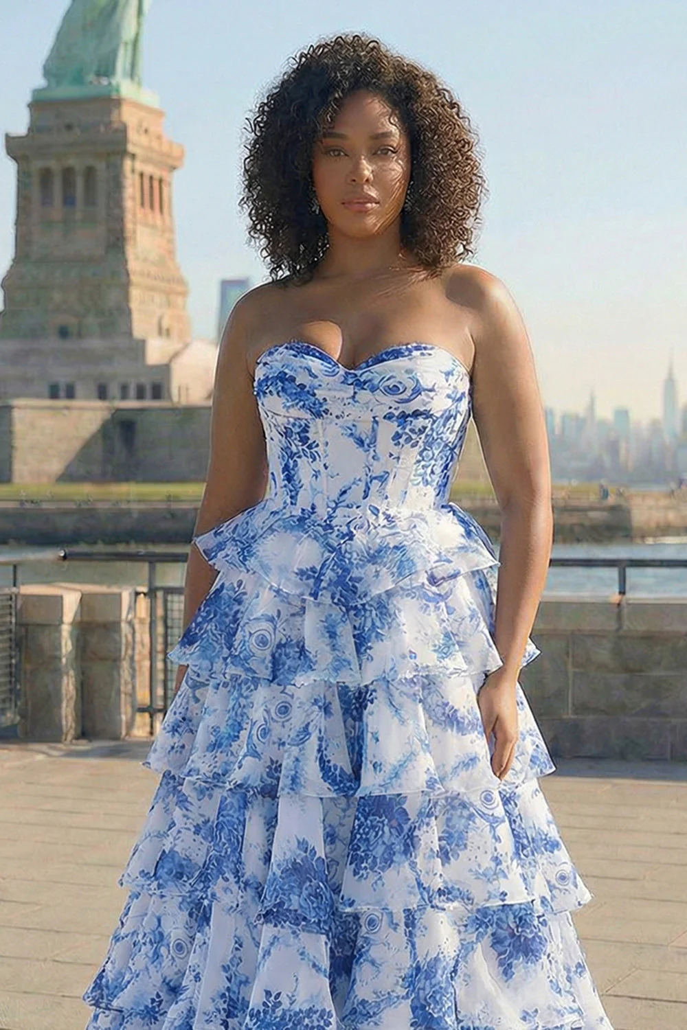 Niebiesko-biała kwiatowa sukienka na bal w kształcie litery baskijskiej talii, długa plus size sukienka na studniówkę z rozcięciem - Image 3