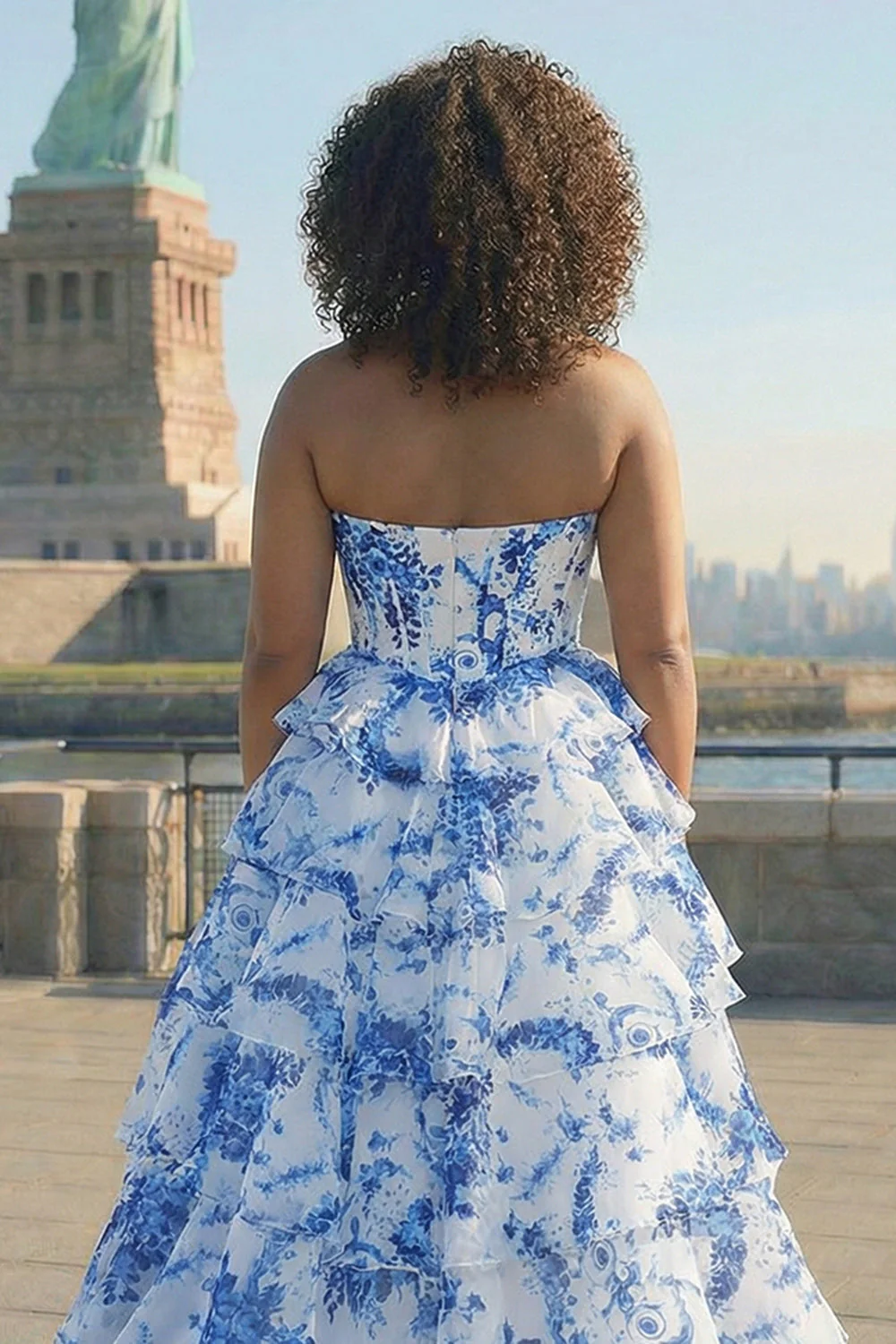 Niebiesko-biała kwiatowa sukienka na bal w kształcie litery baskijskiej talii, długa plus size sukienka na studniówkę z rozcięciem - Image 4