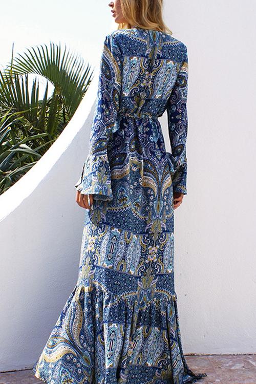Niebieska Sukienki Maxi Letnie W Kwiaty - Image 2