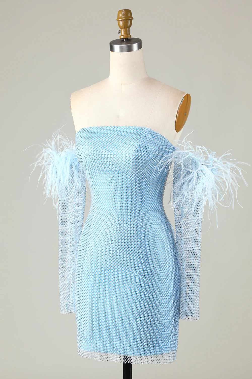 Odpinane rękawy Blue Tight Homecoming Dress z piórami - Image 5