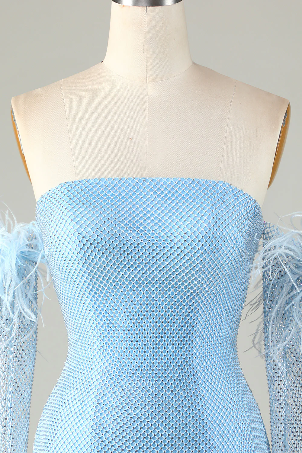 Odpinane rękawy Blue Tight Homecoming Dress z piórami - Image 6