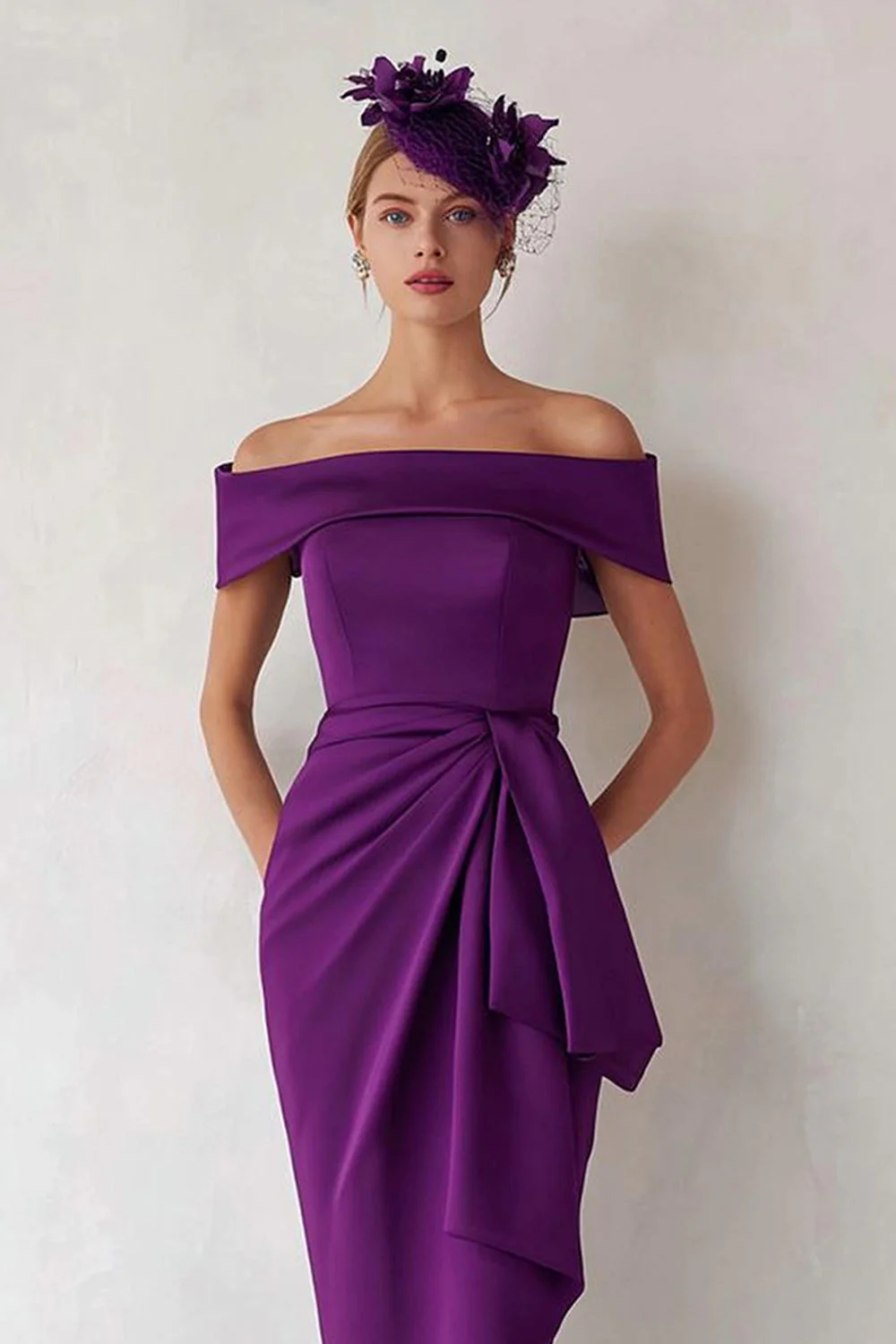 Off Shoulder Ciemnozielona pochwa z marszczeniami sukienka matki panny młodej - Image 4