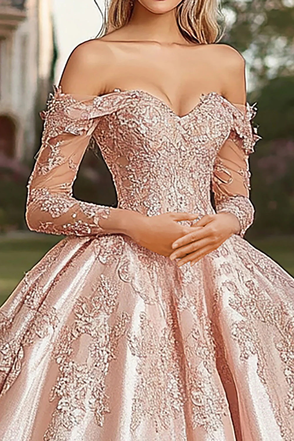 Off The Shoulder Blush Długie Rękawy Suknia Balowa Sukienka Quinceanera - Image 2
