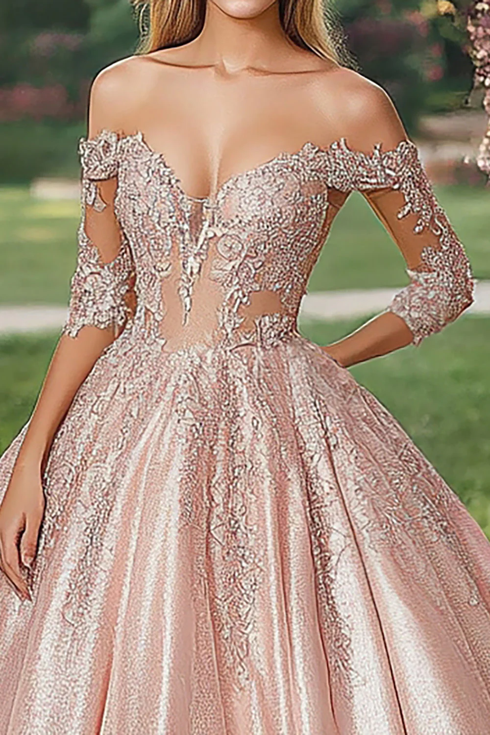 Off The Shoulder Blush Half Sleeves Satynowa suknia balowa Quinceanera Dress - Image 2