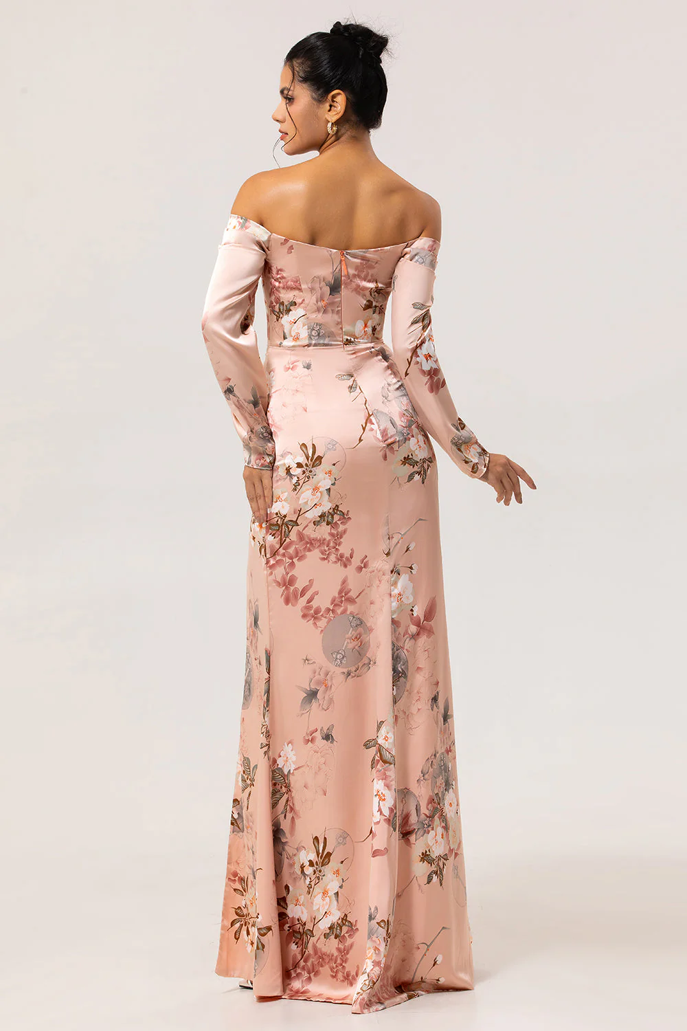 Off The Shoulder Blush Kwiecista Osłona Długa Sukienka Dla Gości Weselnych Z Rozcięciem - Image 2